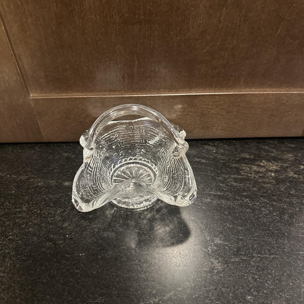 Vintage Small Clear Glass Woven Bride Basket w/Handle & Ruffled Edge 3.5" x 3.5"